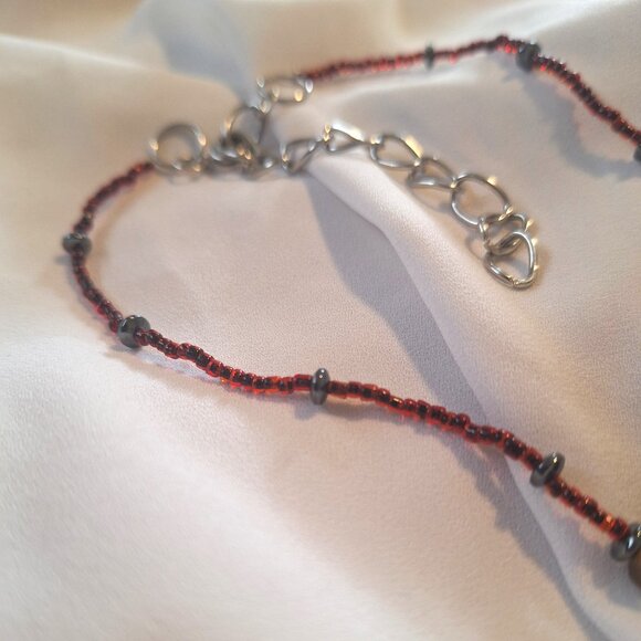 Artisan Made Edgy Beaded Tigers Eye Stone Chip and Hematite Choker Necklace - Picture 3 of 6